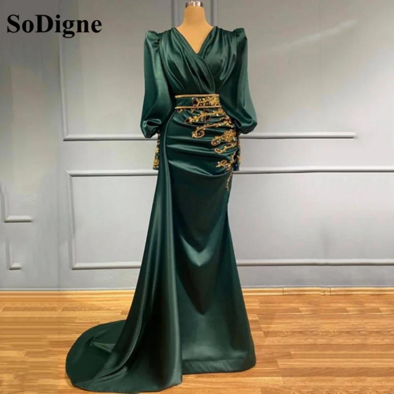 SoDigne Green Satin Evening Dresses Dubai Arabic Abiye Formal Prom Party Gowns With Gold Lace Long Sleeves 2022 Celebrity Dress