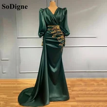 SoDigne Vestidos de Noche de satén verde, ropa árabe de Dubái, Formal, para fiesta de graduación, con encaje dorado, manga larga, 2022 (2)
