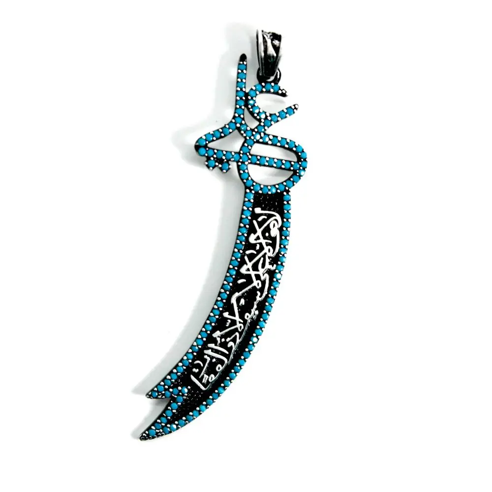 

Black Floor Zulfiqar Sword Stone Silver Pendant, Hz Ali Necklace Tip