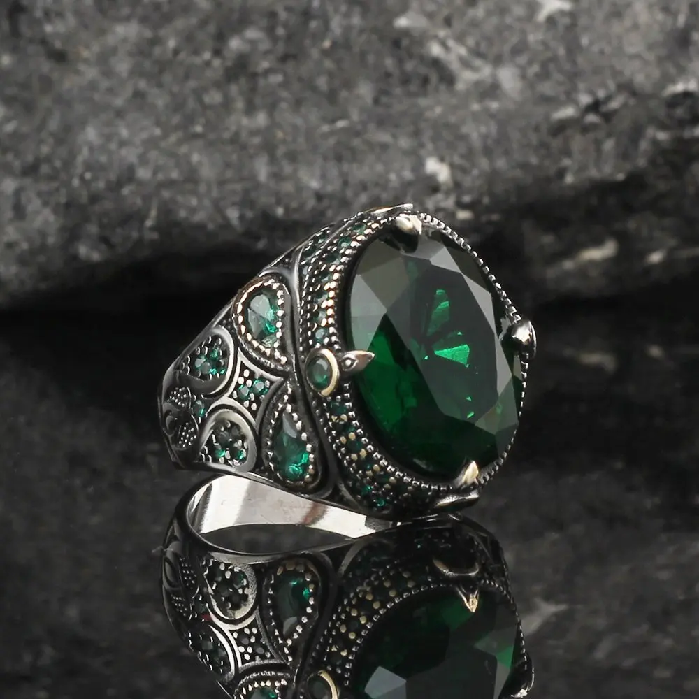

Sterling Silver Mens Ring with Real Natural Zircon Topaz Stone Unique Antique Vintage Fashion Jewelry Accessory Gifts for Men