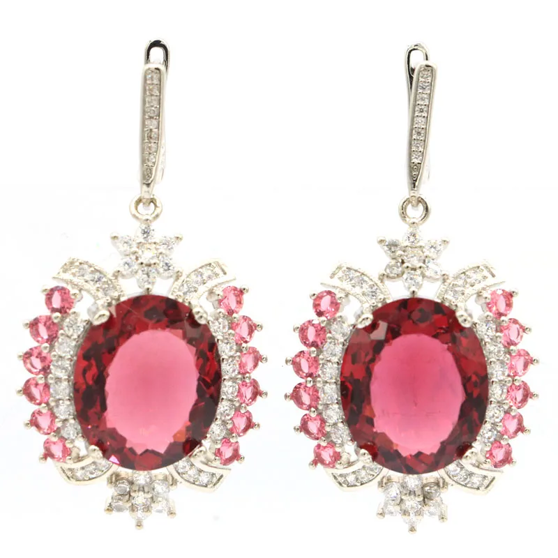 

50x26mm SheCrown Jewelry Set 15.6g Created Pink Raspberry Rhodolite Garnet cz For Women Silver Pendant Earrings