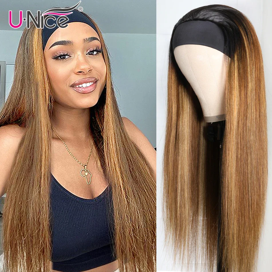 Unice Hair Straight Headband Wig Human Honey Blonde Highlight Wigs for Women Beginner Friendly | Шиньоны и парики