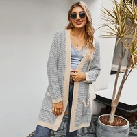 womens long color block cardigan open front knitted sweater coat casual outwear tops with side pocket autumn and winter