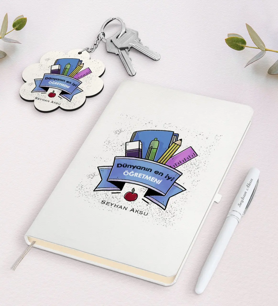 

Personalized World Best Teacher White Notebook Pen And Keychain Gift Seti-23