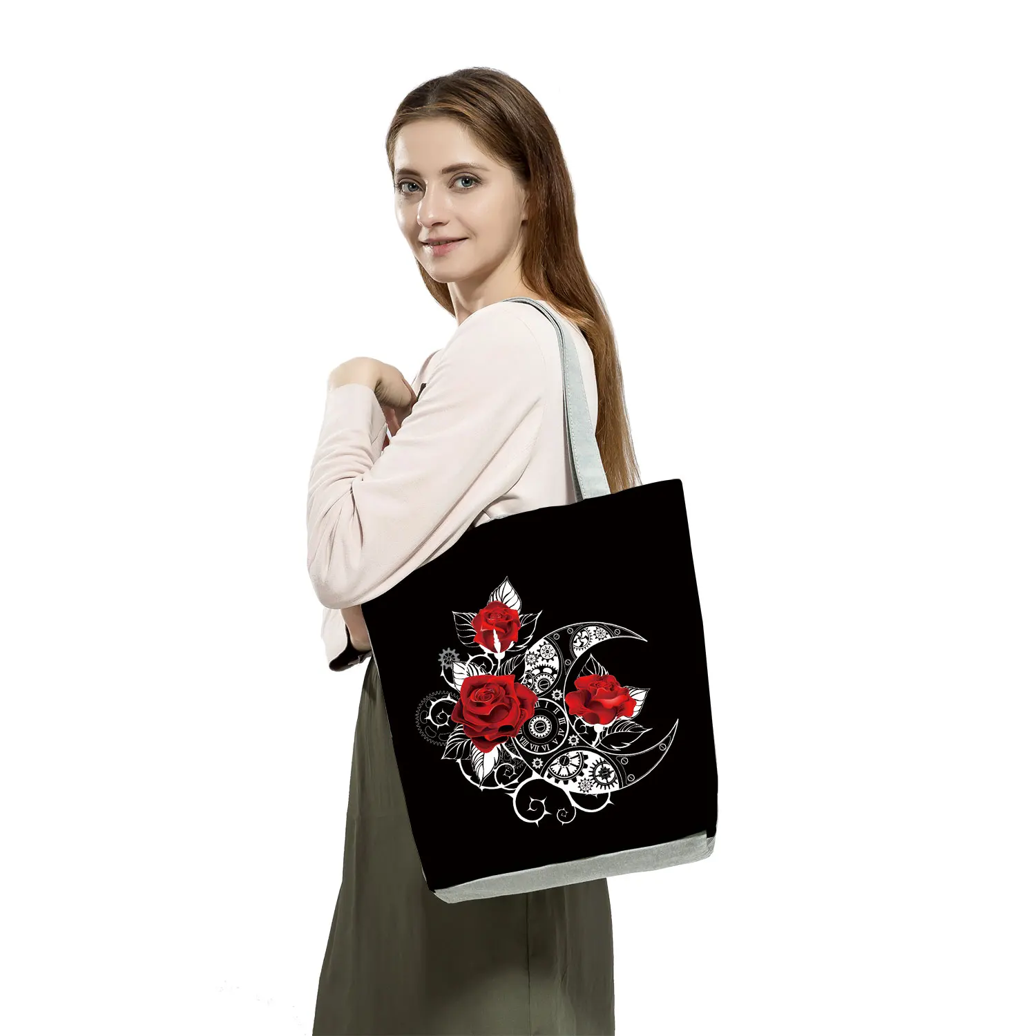 New Fashion Floral Women Black Handbags Red Rose Musical Note Print Tote Graphic Shoulder Bag Female Ladies Casual Shopping Bag