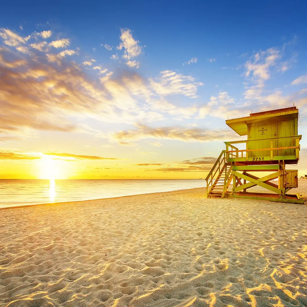 

Curtain with Miami South Beach Sunrise Lifeguard Tower Coastline Colorful Cloud Scenery Blue Yellow Beige