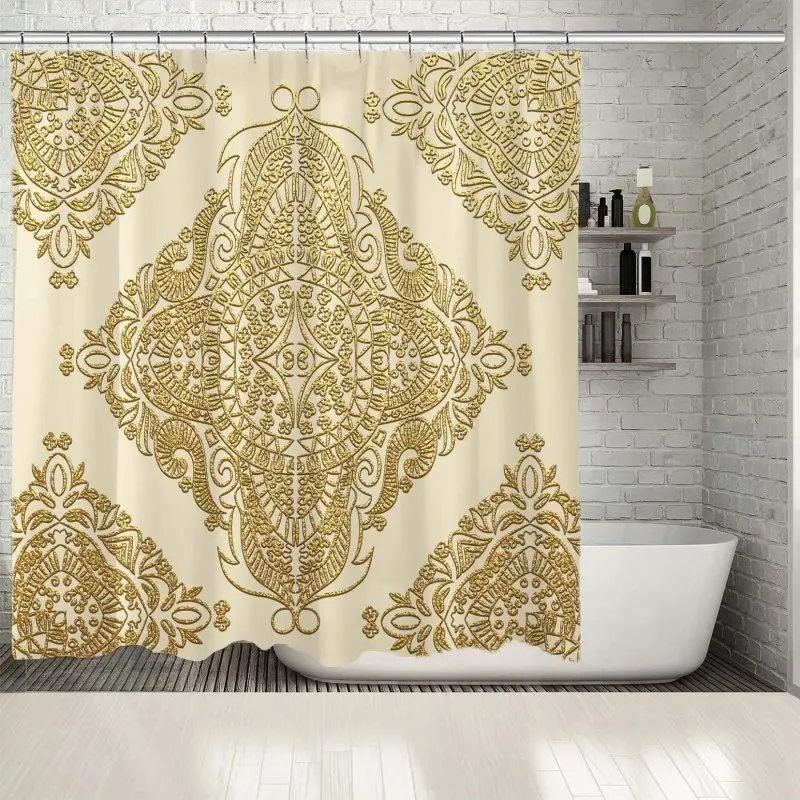 Занавеска для душа декоративная Мандала золотой орнамент цветочный узор на