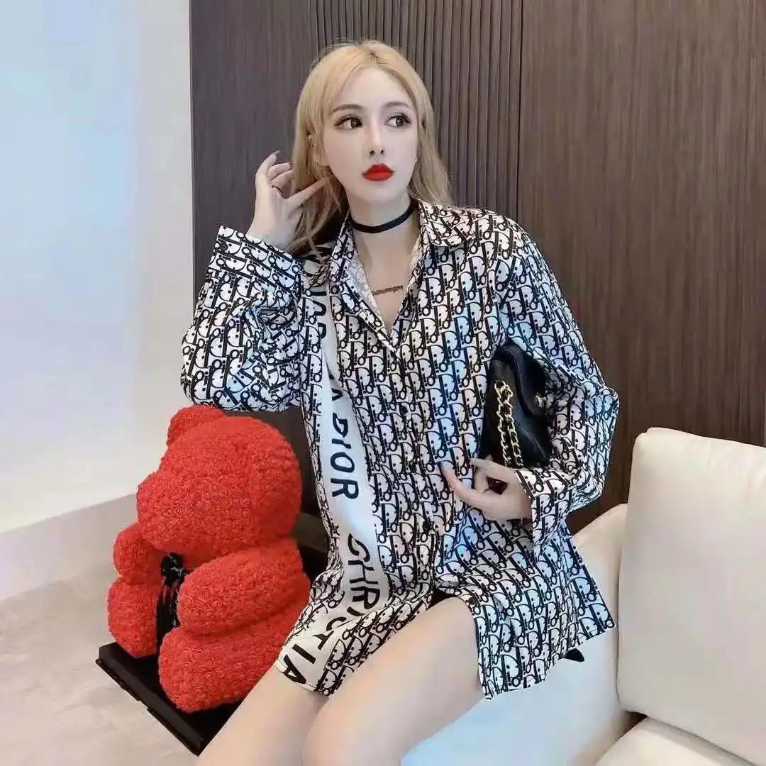 

Lnternet Celebrity Matching Shirt Female Student Korean Version Loose Chiffon Blouse Printed Early Autumn Long-Sleeved Coat