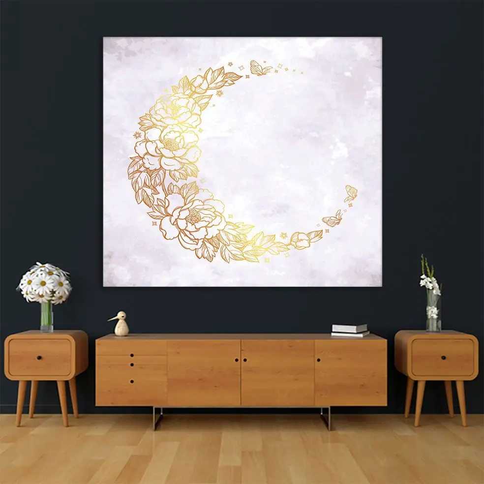 Гобелен с цветочным узором в форме золотого полумесяца цветы листья бабочки