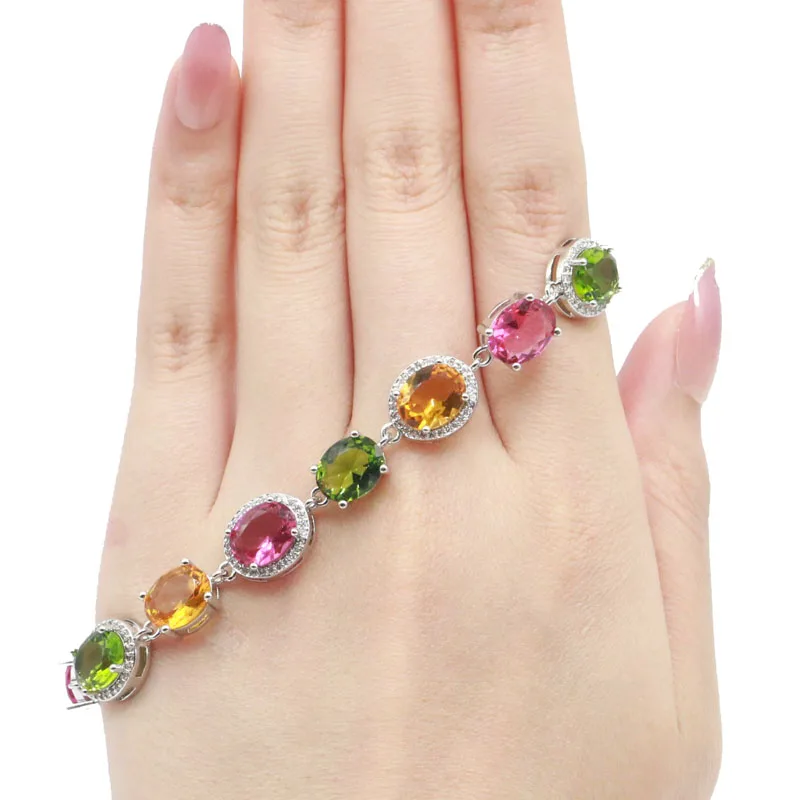 

13x11mm Multi Color Created Smokey Topaz CZ For Ladies Eye Catching Silver Bracelet 7.0-8.0inch or 17.5-20cm