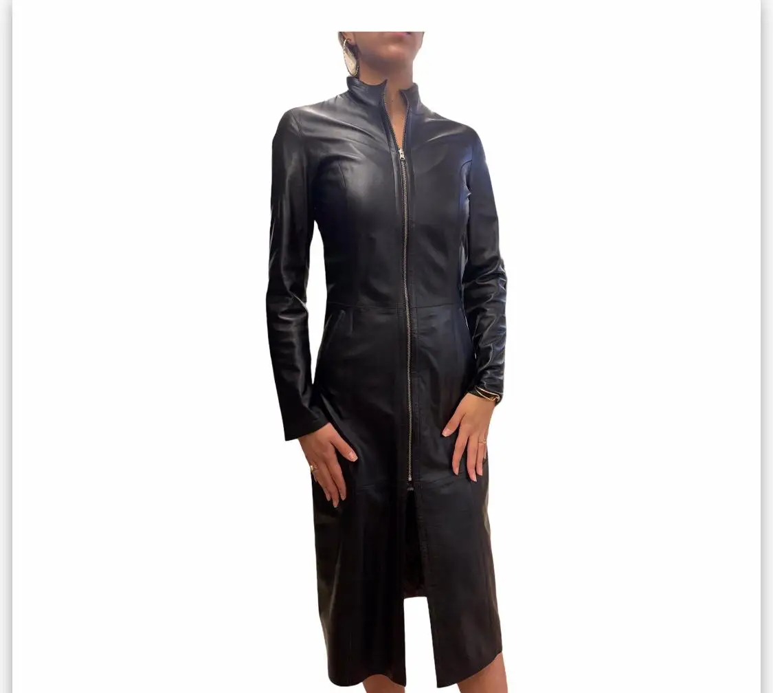 Женское пальто из натуральной кожи длинное кожаное черное овечьей куртка ручной