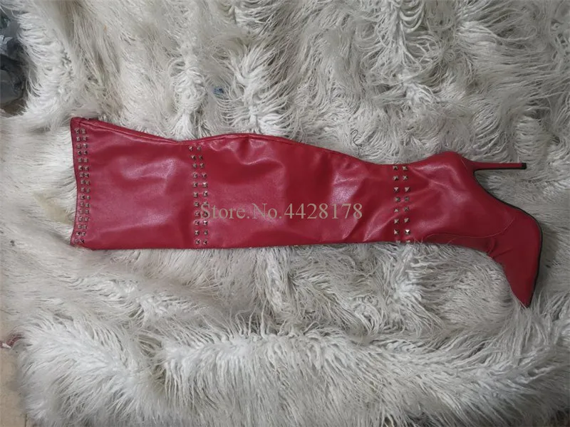 Модные красные сапоги до бедра из искусственной кожи с заклепками зимние женские