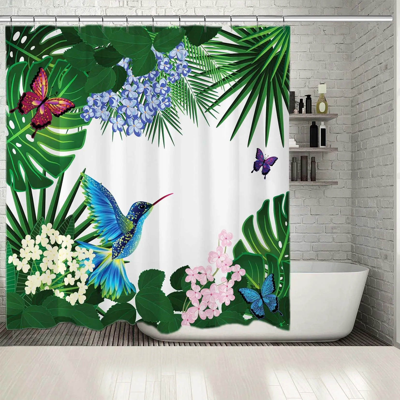 Занавеска для душа тропические цветы птицы бабочки листья дождь лес листва