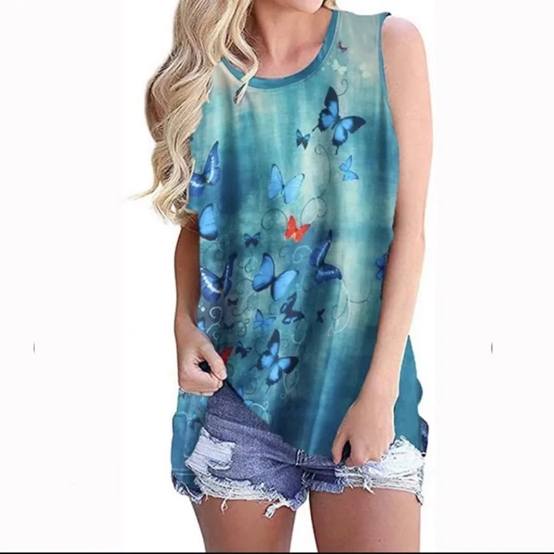 

2021 Summer Vest Women Plus Size Flower Printed Top Tee Round Neck Sleeveless Loose Shirt Fashion Casual Female Tank Tops