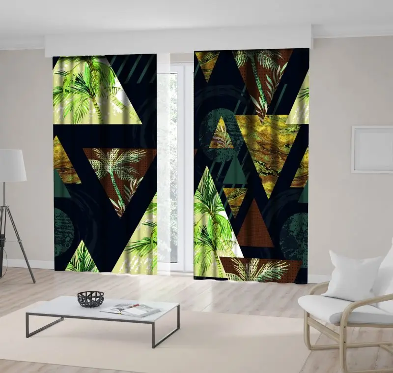 

Curtain with Triangles Palm Tree Leaves Summer Tropical Beach Theme Artwork Green Brown Black