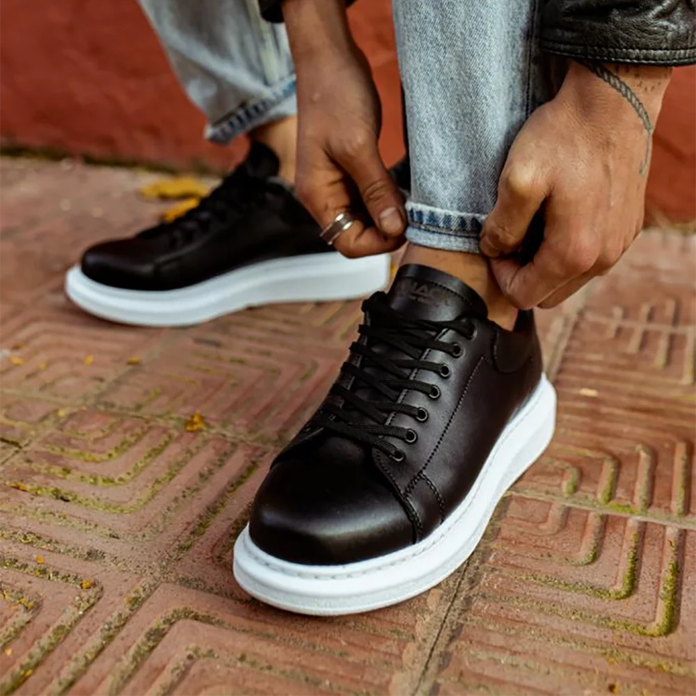 

Knack Men's Casual Shoes Black Color Summer Spring Season Artificial Leather Material Lace-Up Closure Comfortable White Stitched High Sole Airy Male Sneakers Breathable Walking Running Lightweight Fast Shipping 044