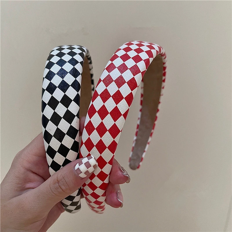 

New Women Personalized Fashion Checkerboard Plaid PU Hair Hoop Accessories Girls Artificial Leather Hairband Headband Headdress