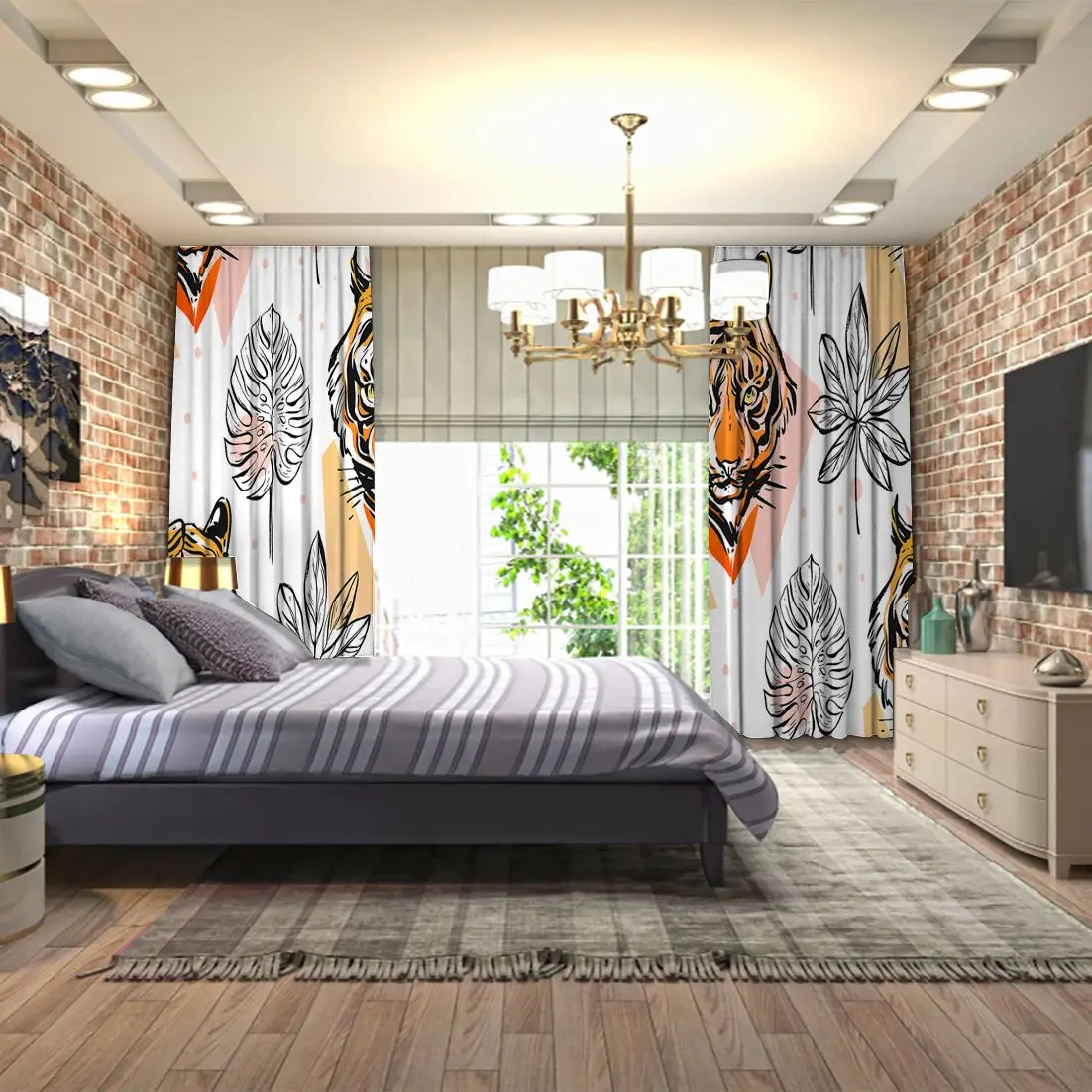 Занавеска с тигром и тропическим растением листья экзотические дикие животные