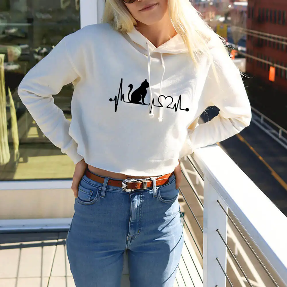 

Cat Heartbeat Lifeline Funny Printed 100%Cotton Women's Crop Top Hoodie Ladies Sexy Pullovers Long Sleeve Tops Pet Lover Gift
