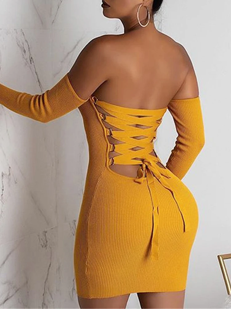 

Женское трикотажное мини-платье Glamake, Красное Облегающее платье с открытыми плечами, открытой спиной, на шнуровке, для вечевечерние, для клу...