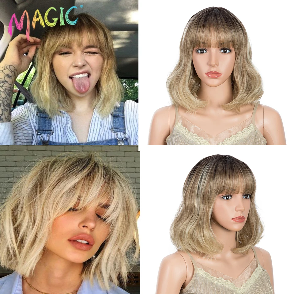 Magic Synthetic Wigs Brown Blonde Ombre Blue Wavy Short Bob Middle Part Wigs For Black Women Heat Resistant Cosplay Wigs