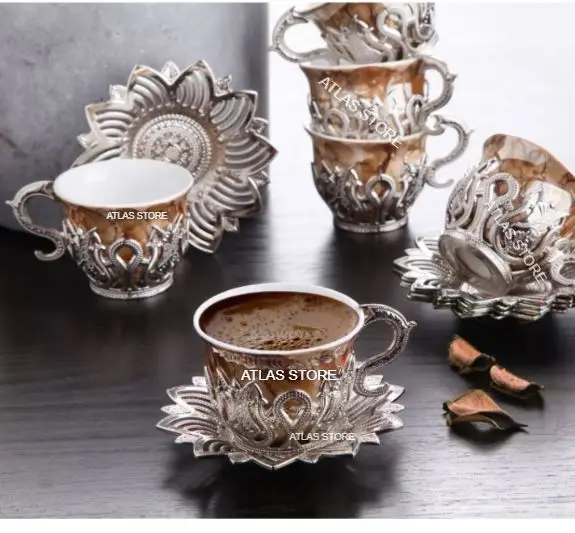 

HIGH QUALITY COLOR TURKISH COFFEE 6 PERSONALİTY 18 PIECES SİLVER COLORED PORCELAIN CUP SET