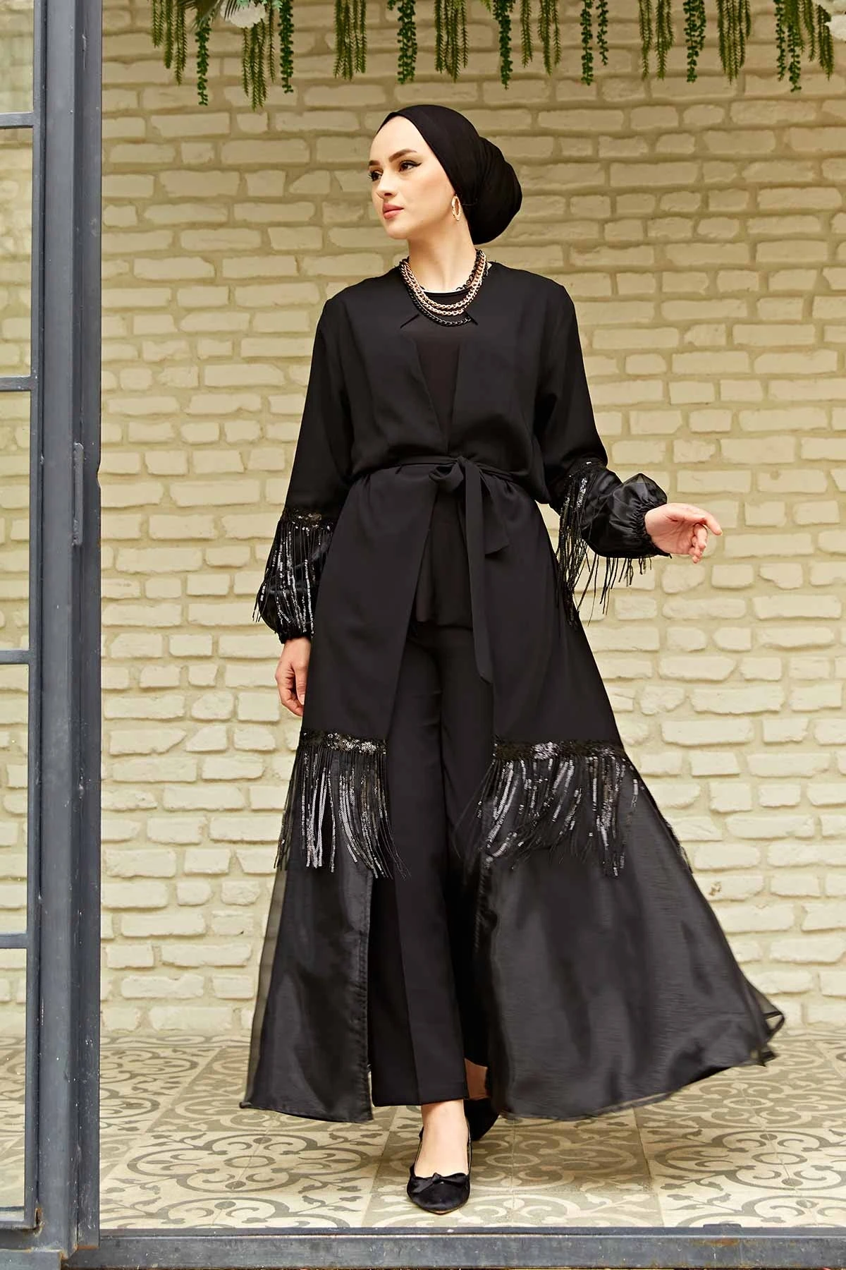 

Tassel Tulle Detailed Abaya Belt Long Sleeve Casual Shirt Collar Loose Draped Elegant Women Muslim Fashion Hijab Clothing Season