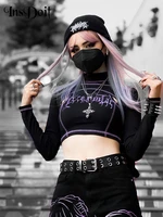 insdoit y2k gothic black summer tank tops t shirt women two piece streetwear patchwork crop top exotic print sexy aesthetic tops