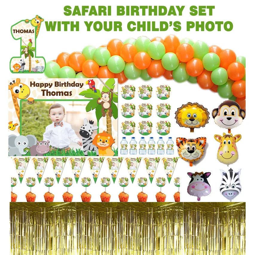 

Personalized Safari Birthday Big Set custom printed products, silver tasseled table skirt, ballon chain apparatus, 50 ballons