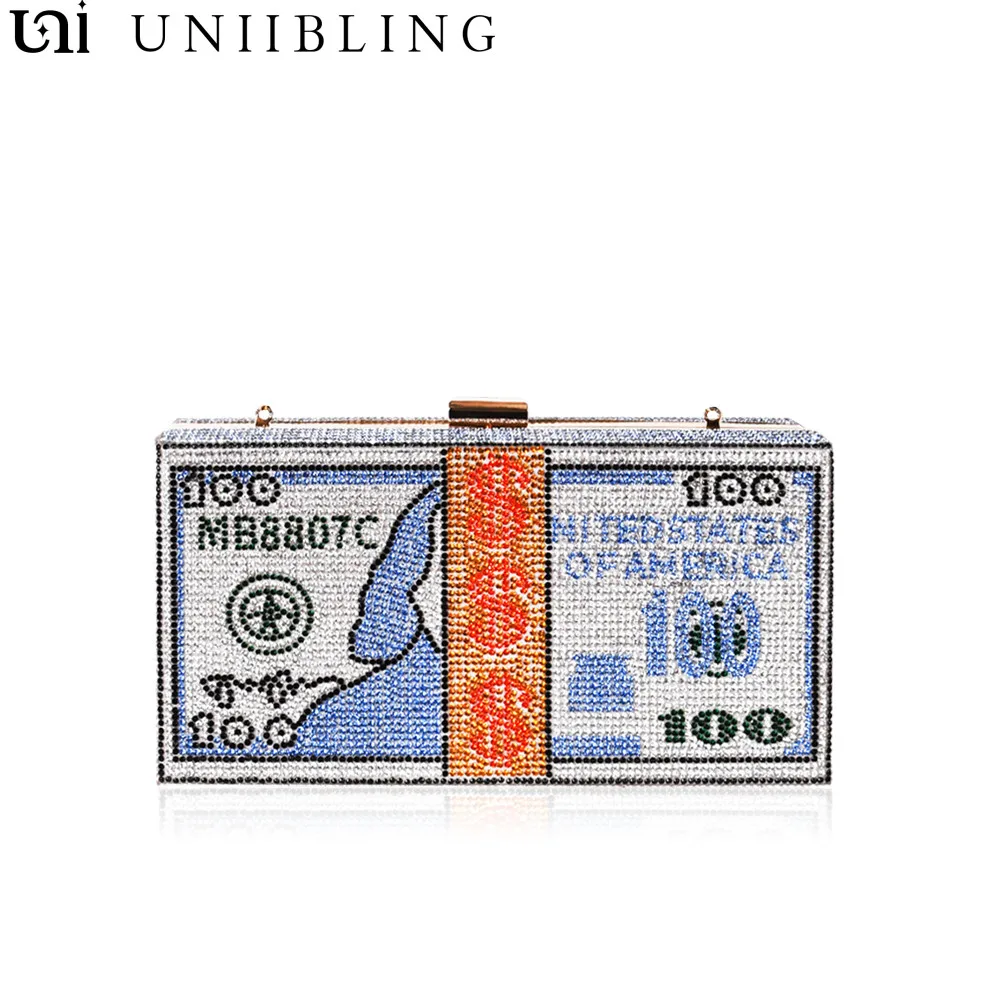 

Uniibling 100usd Dollar Rhinestone Bling Money Bag Clutch Purses for Women Ladies Crystal Fashion Evening Dinner Handbag Blue