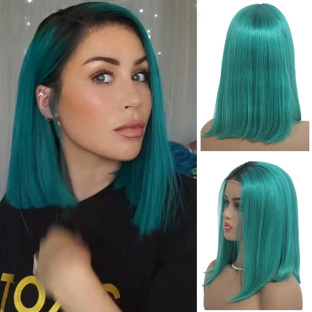 Short Ombre Colored Lace Front Wigs Human Hair Lake Blue Straight 13x4 Pre Plucked Glueless Frontal Blunt Cut Bob Wig for Women