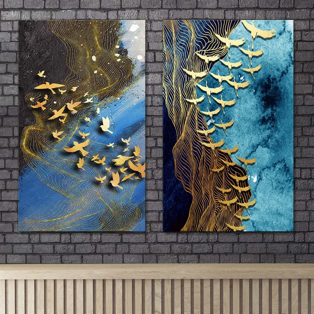 

Large Gold Leaf Flying Birds Nordic Decorative Painting Blue Marine Abstract Wall Art Pictures On Canvas Living Room Home Decor