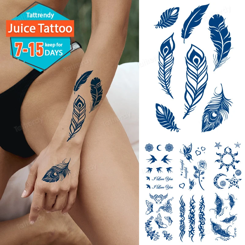 

Перо птицы телефон рукав руки тело живопись сок чернила гель натуральная временная татуировка долговечная Синяя