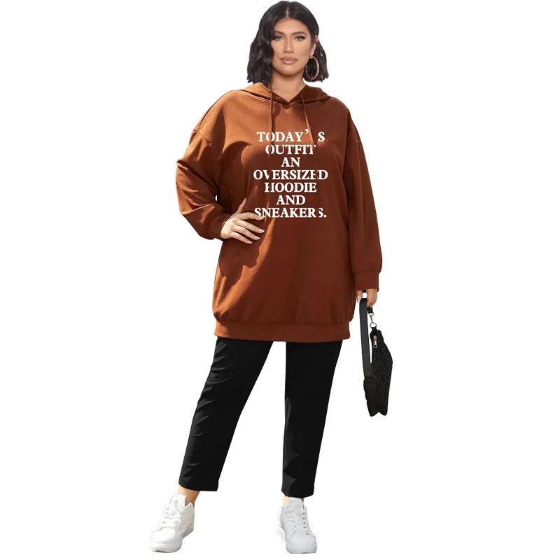 Женский Длинный свитер с капюшоном и надписью рукавами-фонариками |