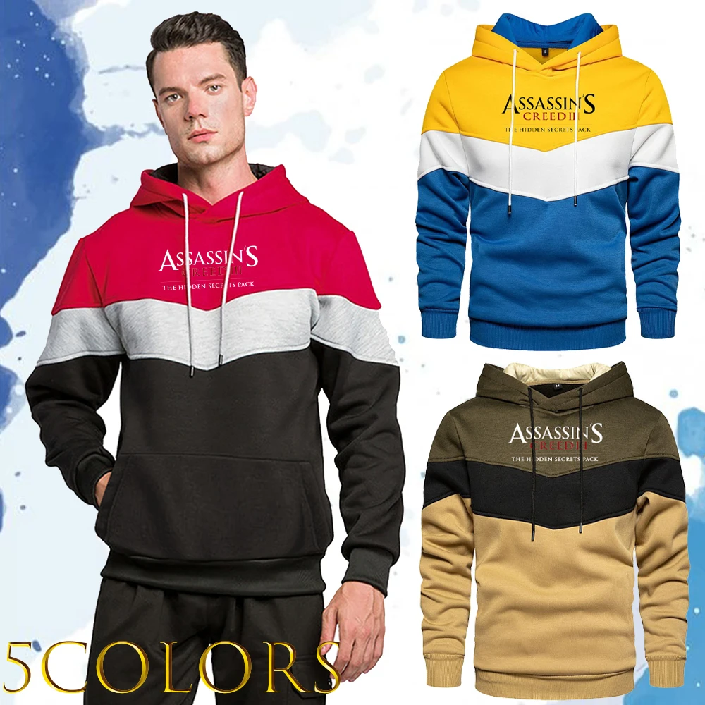 

Fashion Assassin's Printed Long Sleeve Sweatshirt Men Outdoor Sport Hoody Solid Color Drawstring Pullover Winter Loose Man Coat