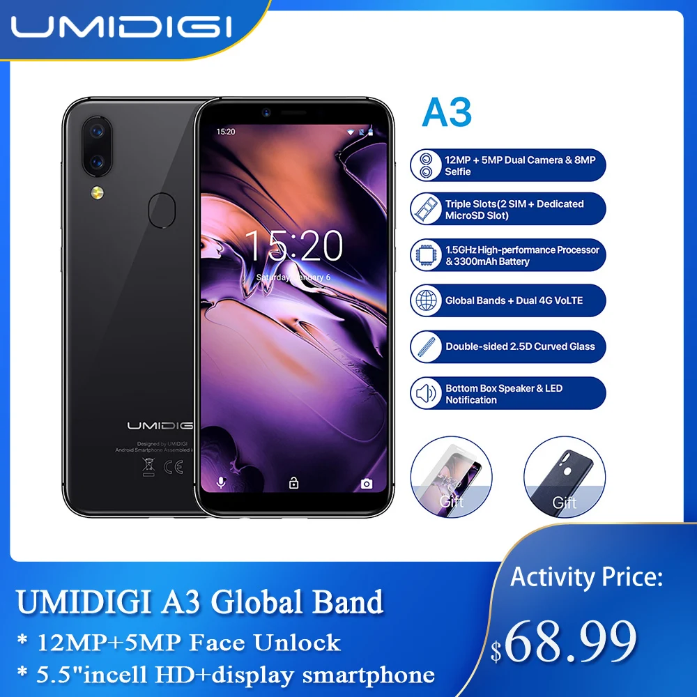 UMIDIGI A3 2 ГБ + 16 Android 9 0 глобальная полоса 5 &quotincell HD дисплей смартфон четырехъядерный