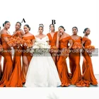 Оранжевое длинное платье подружки невесты с юбкой-годе, с высоким разрезом и глубоким V-образным вырезом