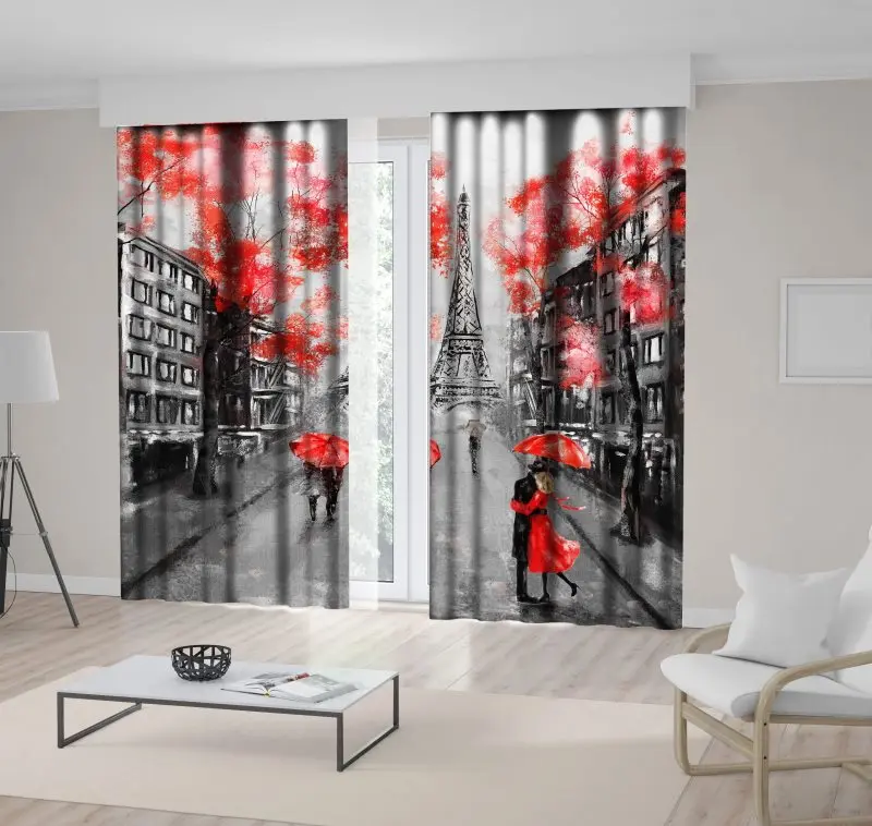 Занавеска с уличным видом на Эйфелеву башню здания и деревья осенний день в