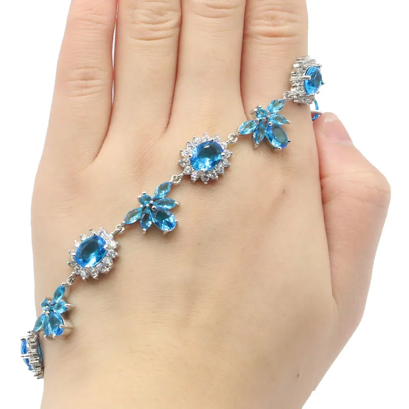

34x12mm Stunning Created Paris Blue Topaz Bright Zircon Engagement Woman's Silver Bracelet 9.0-10.0inch