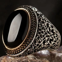 oval black onyx gemstone ring ottoman motif ring vintage symmetric style ring handcarved men accessories