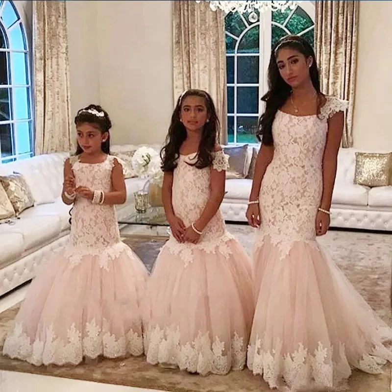 

Flower Girls' Dresses for Wedding, Mermaid/ Trumpet Fluffy Shirt Applique Lace Formal Party Graduation Birthday Gowns Girl