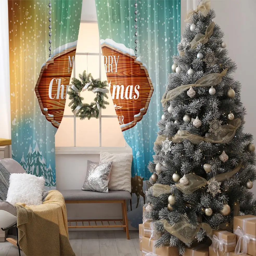 

Curtain Snowy Winter Night Pine Trees Colorful Sky Merry Christmas Note on Wooden Board Cartoon Art Green Blue White