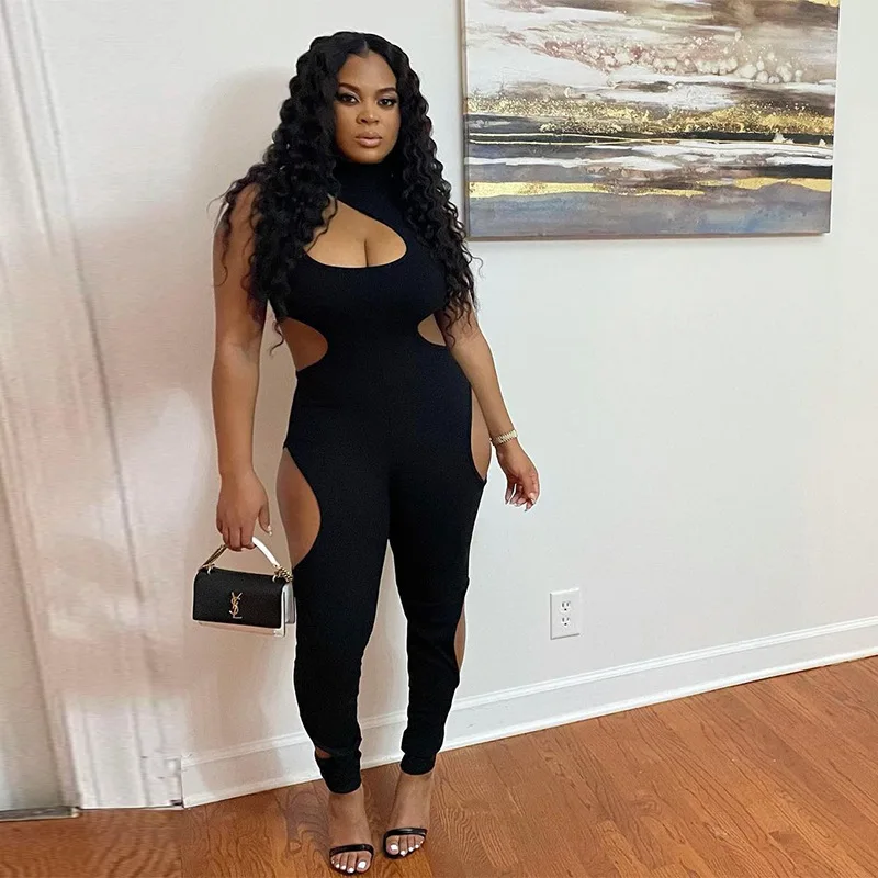 

CIBBAR Casual Sexy Hollow Out Black Jumpsuit Women Turtleneck Sleeveless High Waist Sporty Fitness Outfits Ladies Club Partywear