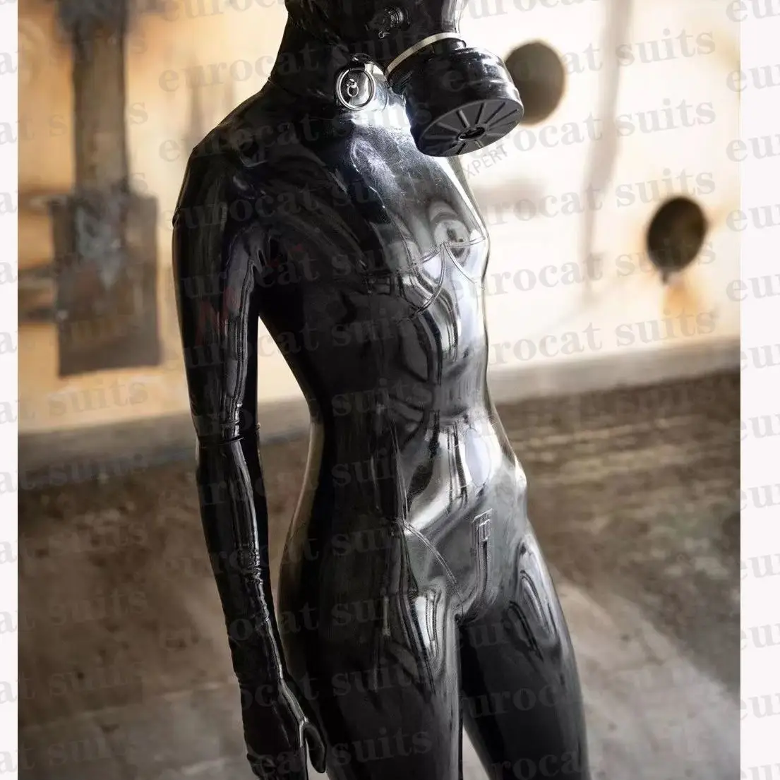 

Sexy Black Latex Fetish Catsuit Full Bodysuit 3d Breast Corset Hood with Eyes Patch Mouth Plug slutty clothes erotic