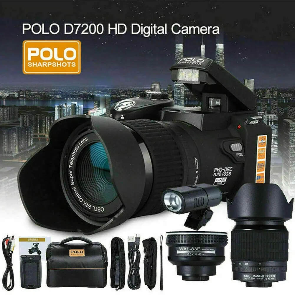 

Цифровая камера POLO D7200 HD 24-кратный телеобъектив широкоугольный микро литиевый аккумулятор с тремя объективами