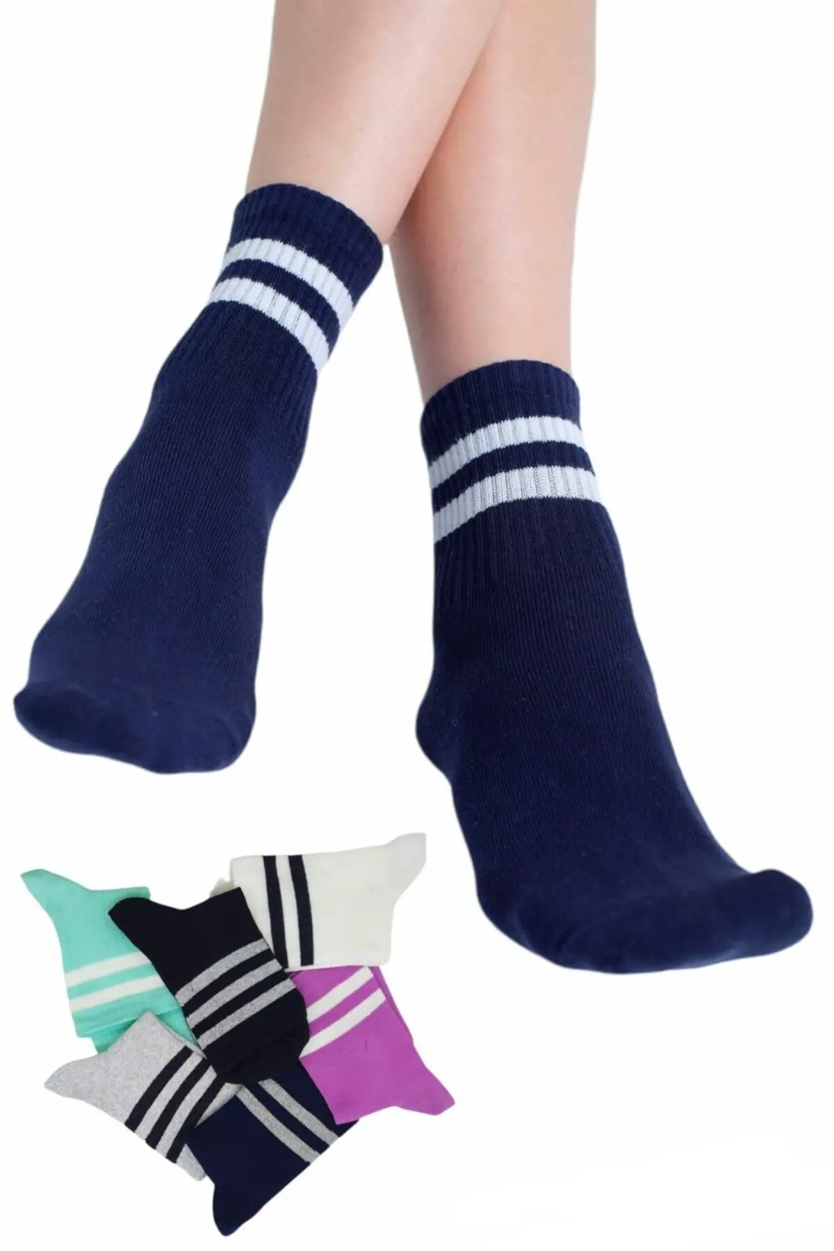 Unisex Colored 6 Pcs Striped Tennis Socks