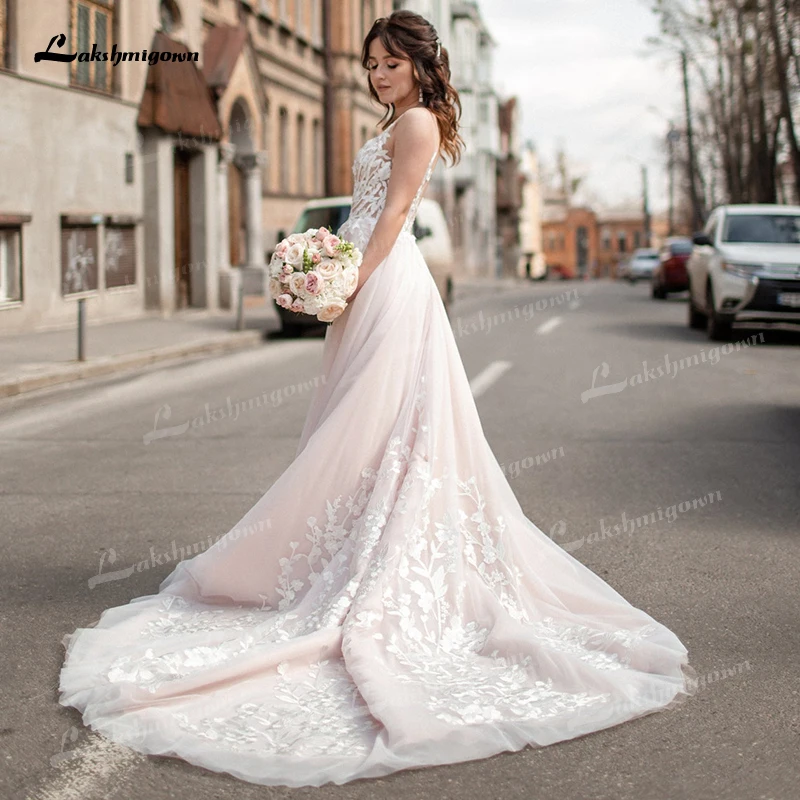 bridesmaid Modern V-neck Lace Appliques A-Line Wedding Dress 2022 Tulle Bridal Gown Perspective Off the Shoulder Backless Sweep Pleat robe ball gown wedding dress