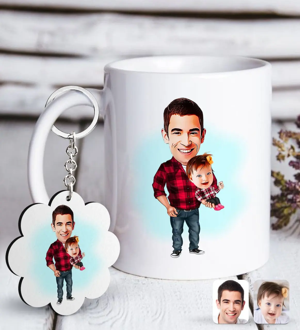 

Personalized Dad Girl Caricature Of White mug And Keychain Gift Seti-2 Reliable Modern Simple Gift Special Design Good quality