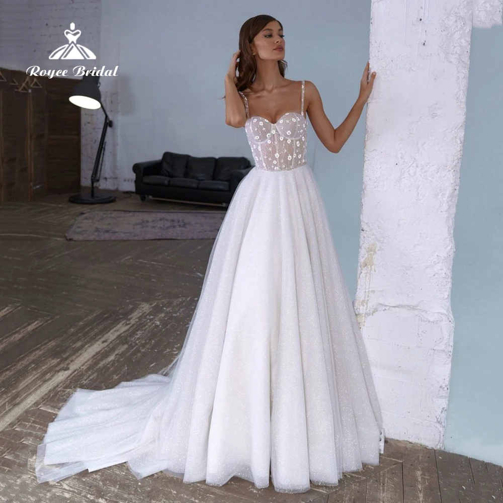 

Sexy Sweetheart A line Wedding Dress 2022 Netting Bridal Gown Lace Up Spaghetti Straps Floor-Length Appliques Lace vestidos