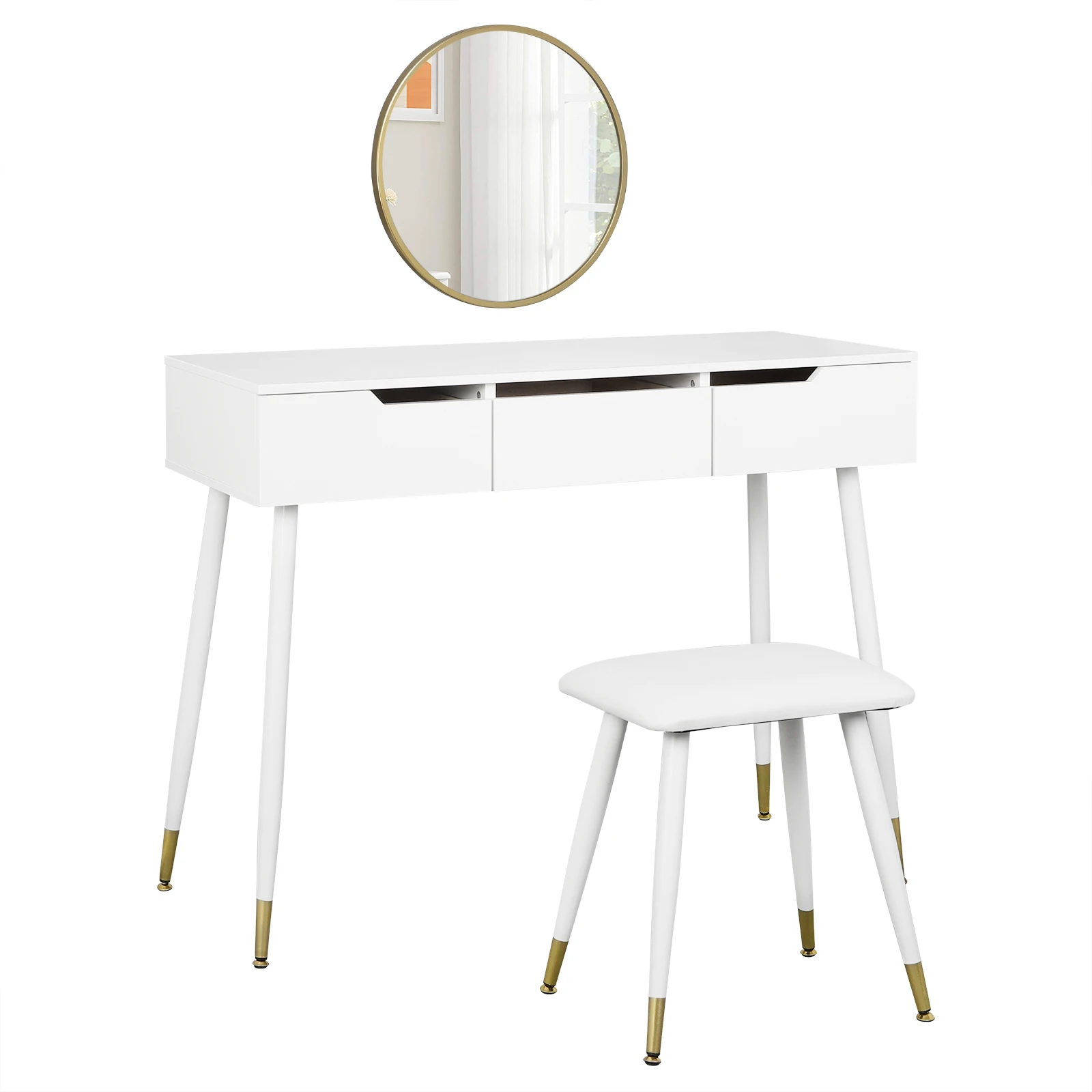 Белый туалетный столик с табуретом зеркальные шкафы 3 ящиками современный